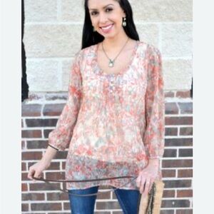 Pink 3/4 Sleeve Sheer Tunic with Relaxed Fit